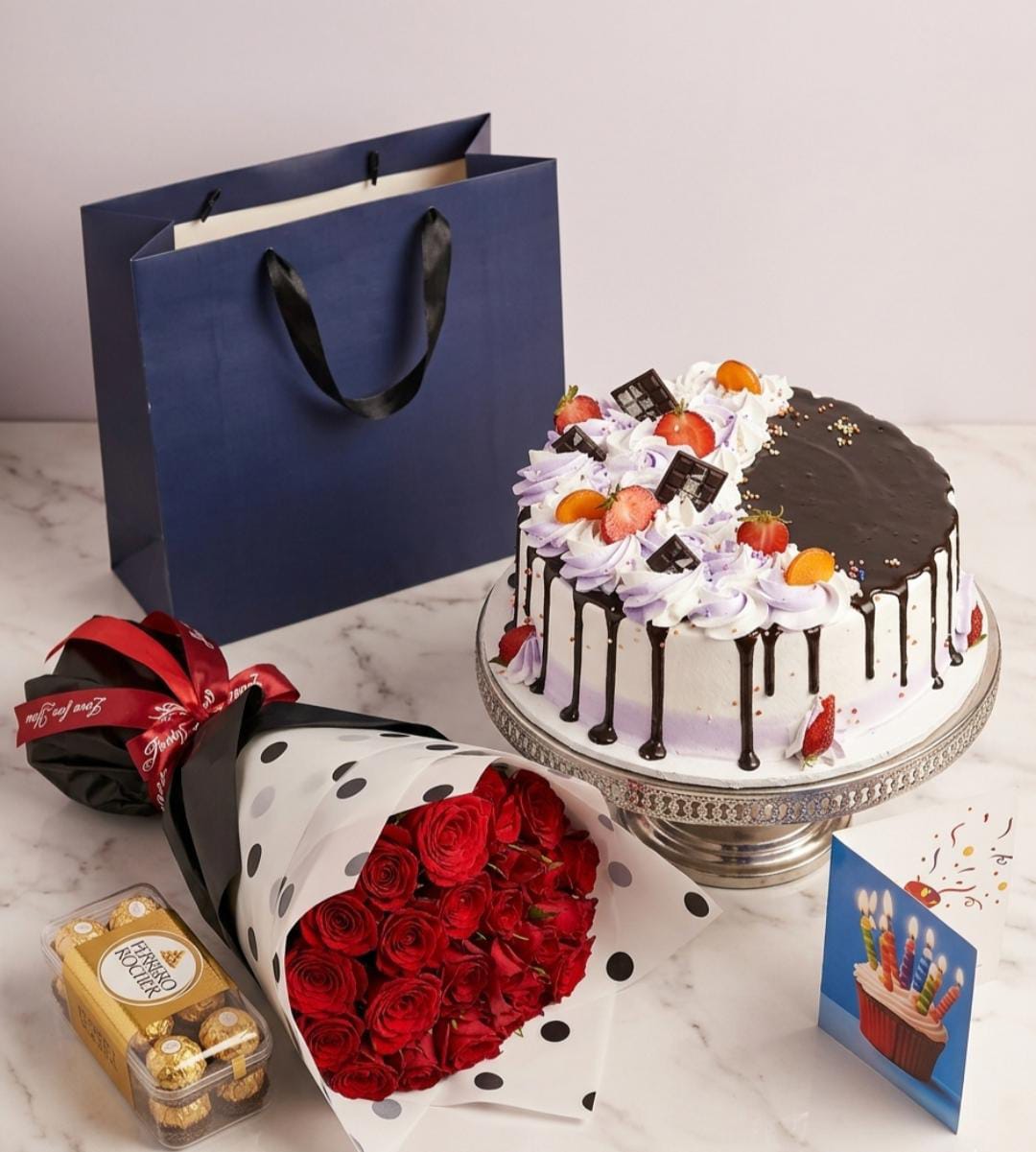 CAKE,CHOCOLATE & RED ROSES