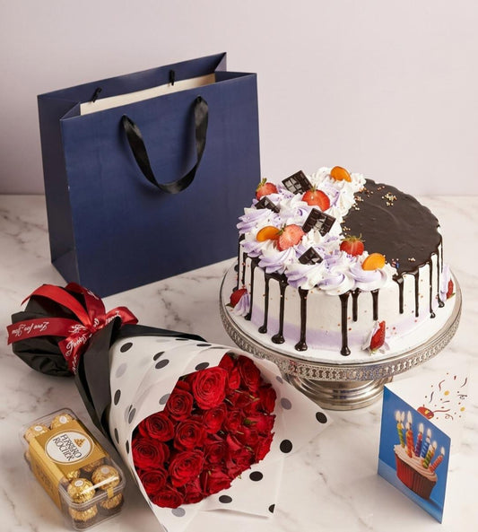 CAKE,CHOCOLATE & RED ROSES